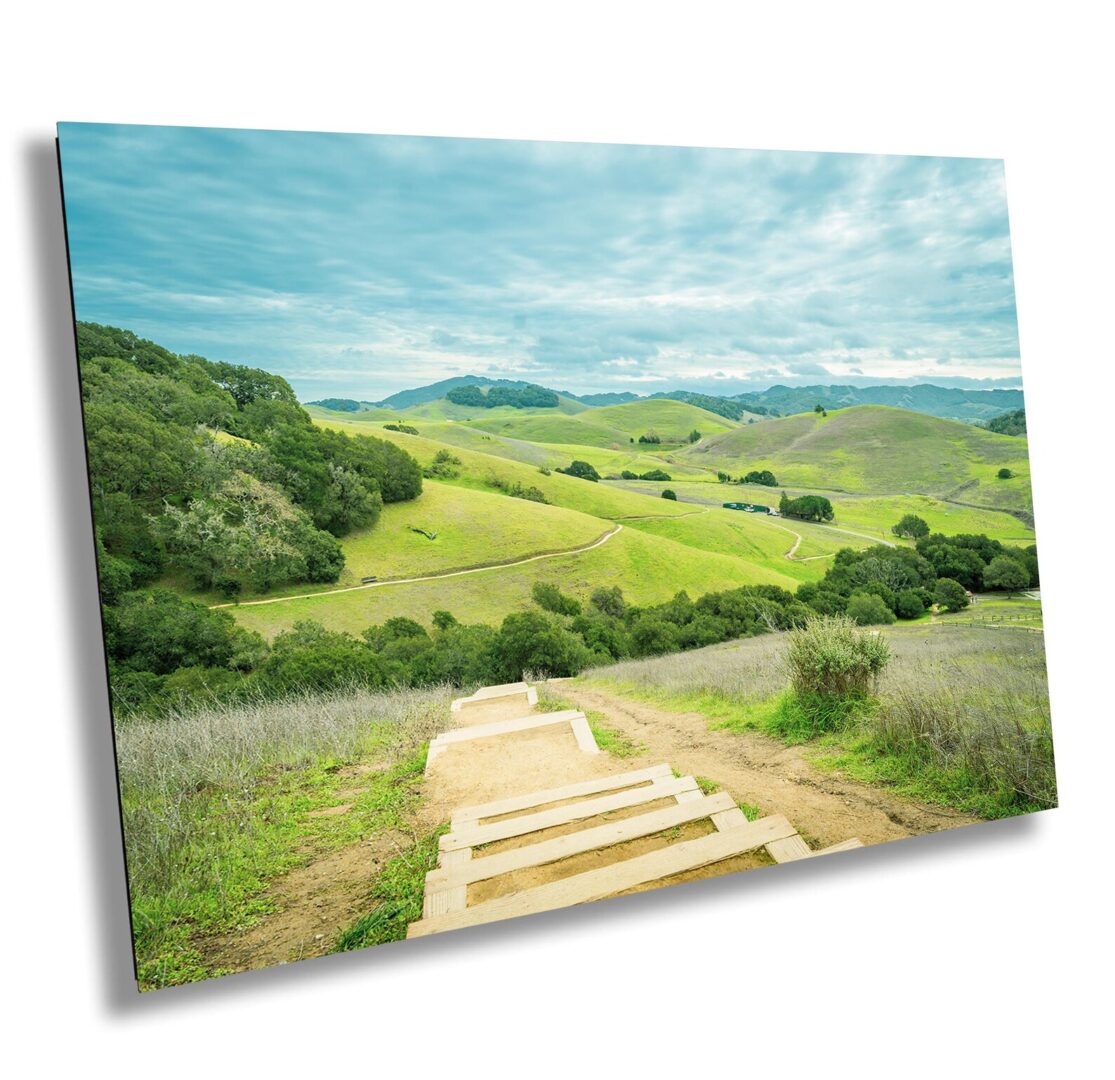 Wooden steps leading into green rolling hills at Helen Putnam Park in Petaluma, California