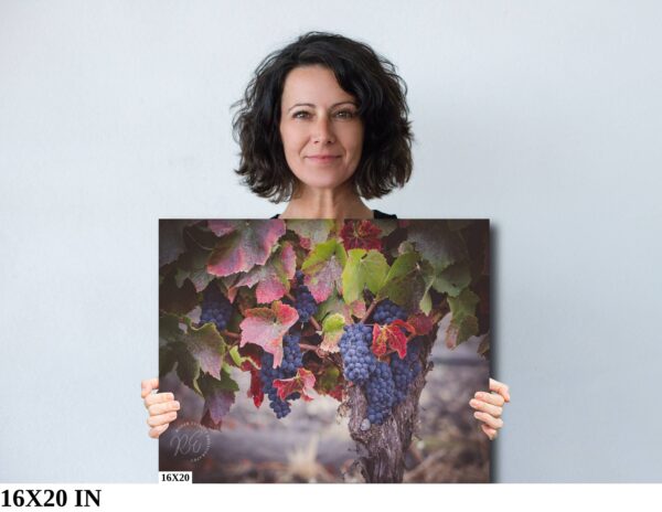 A woman holding up a painting of grapes.