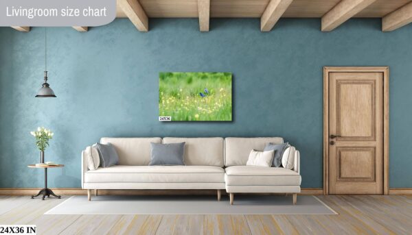 A living room with blue walls and white furniture.