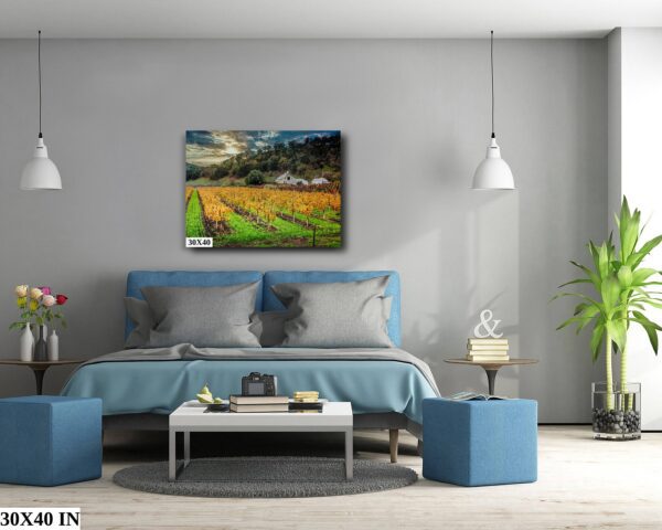 A bedroom with a bed and two blue tables