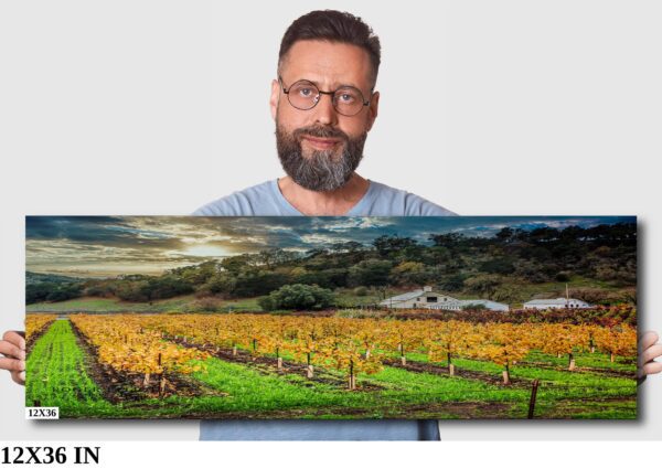 A man holding up a large painting of a vineyard.
