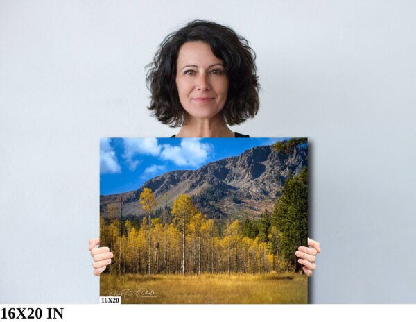 A woman holding up a picture of a mountain.