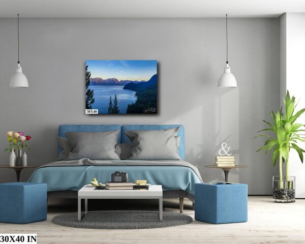 A bedroom with a blue bed and grey walls