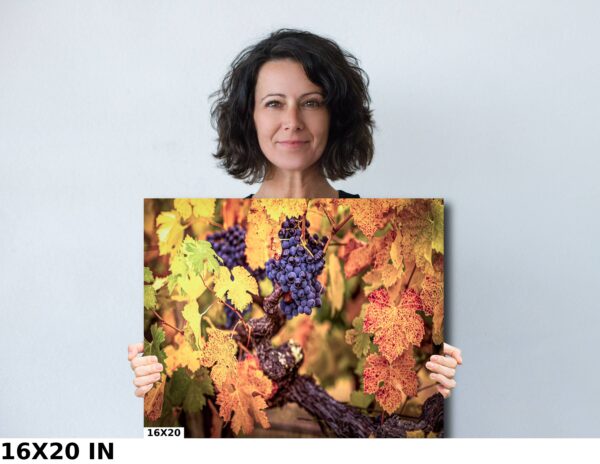 A woman holding up a picture of leaves.