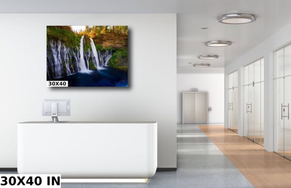 A large picture of some water falls in the background