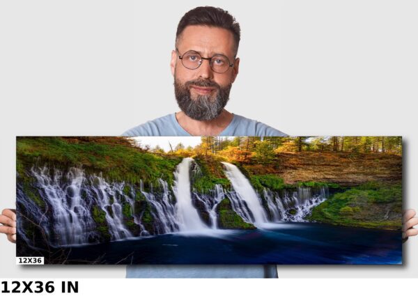 A man standing in front of a picture of a waterfall.
