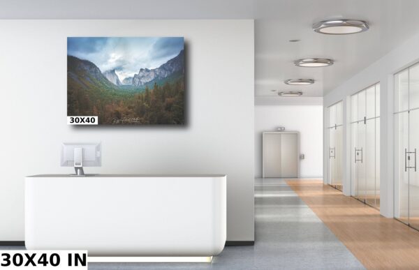 A large painting of mountains in the background