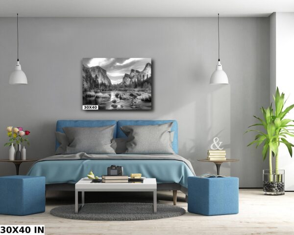 A bedroom with a blue bed and gray walls