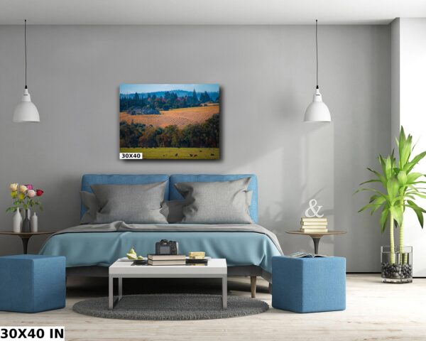 A bedroom with a bed and two blue tables