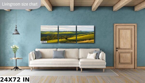 A living room with a couch and a wall hanging