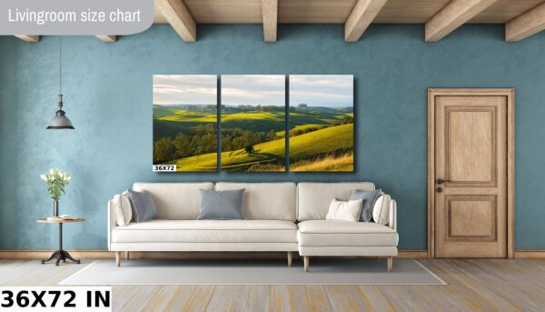 A living room with a couch and a wall hanging