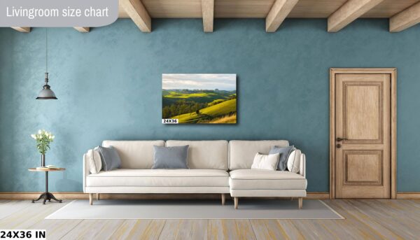 A living room with a couch and a painting on the wall