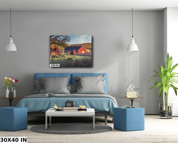 A painting of a barn in the middle of a room.