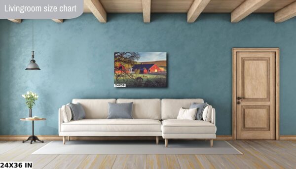 A living room with a couch and a painting on the wall