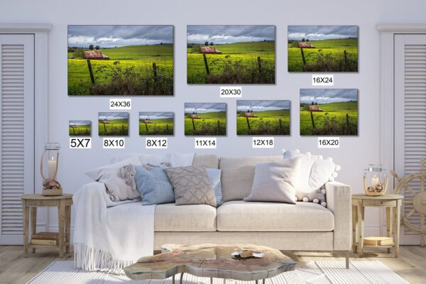 A couch with many pictures of different sizes