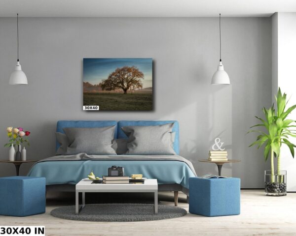 A bedroom with a bed and two tables