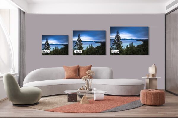 A living room with three different paintings on the wall