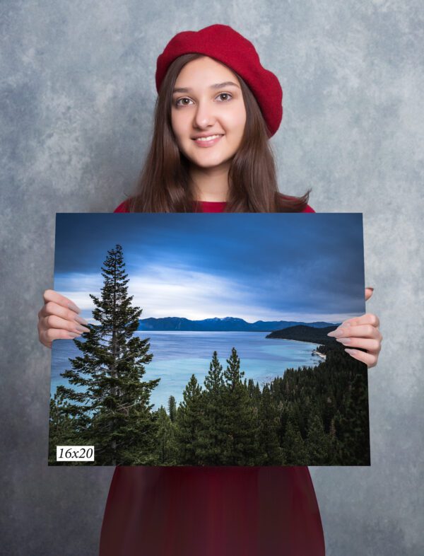 A girl holding up a picture of trees and water.