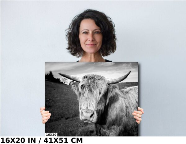 A woman holding up an image of a cow.