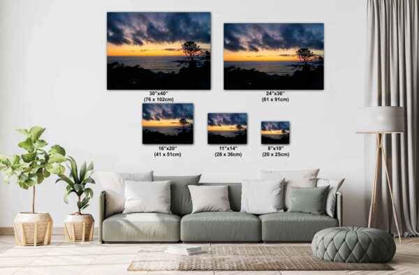 A living room with couch and pillows, and two pictures of the sky.