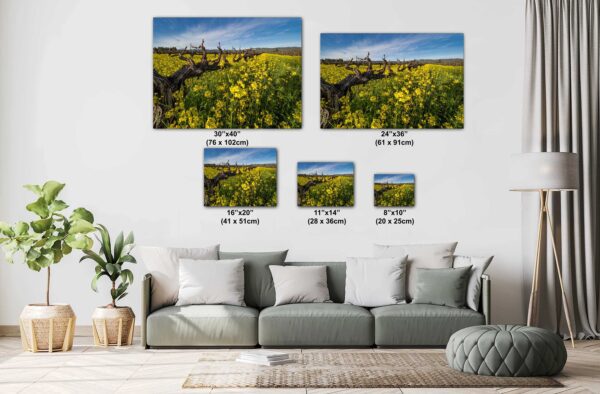 A couch with pillows and a wall hanging of some yellow flowers