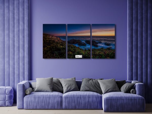 A living room with purple walls and a couch