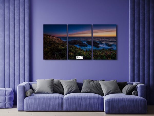 A living room with purple walls and a couch