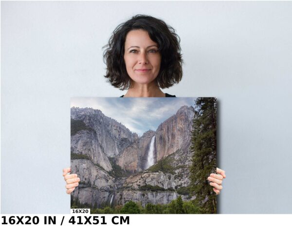 A woman holding up a picture of a waterfall.