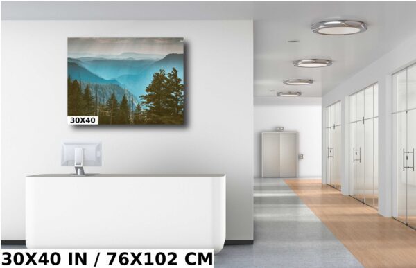 A painting of mountains and trees in the background