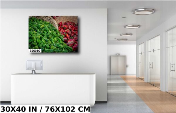 A room with a white wall and a large picture