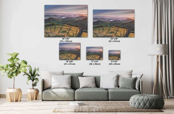 A living room with couch and pillows, and several different sizes of canvas prints.