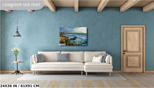 A living room with a couch and a painting on the wall