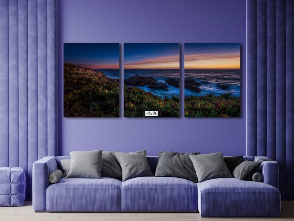 A living room with purple walls and a couch