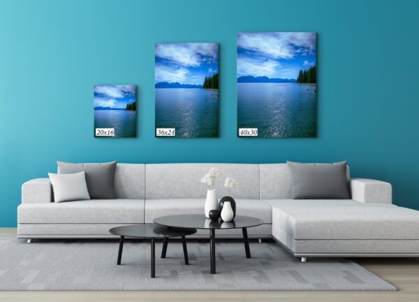 A living room with blue walls and a couch