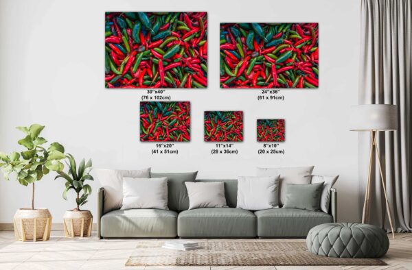A couch with pillows and a painting of red peppers.