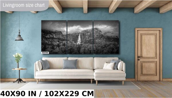 A large wall with three pictures of mountains