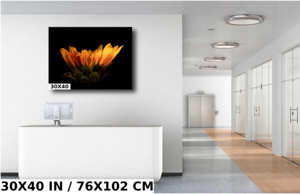A large picture of some flowers in the room