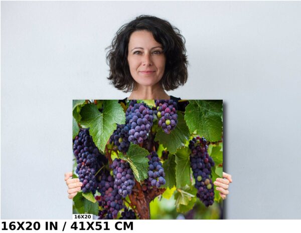 A woman holding up a picture of grapes.