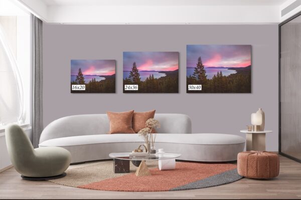 A living room with three different pictures of the same scene.