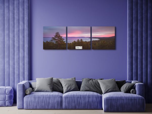 A purple wall with three pictures of the sunset.