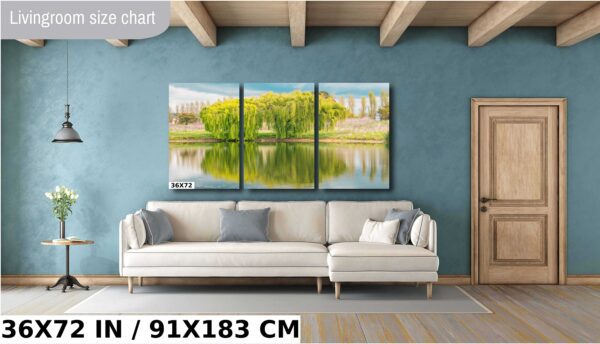 A living room with a couch and a wall hanging