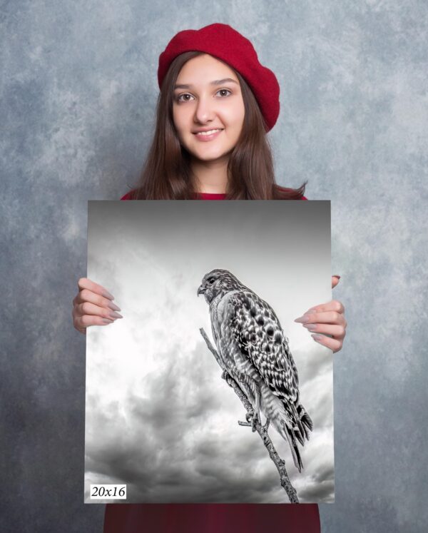 A woman holding up a picture of a bird.