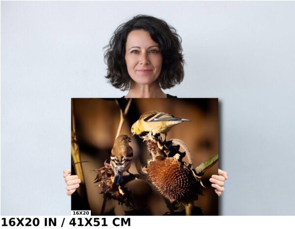 A woman holding up a picture of a bird.