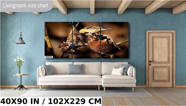A large painting of a bird on a branch