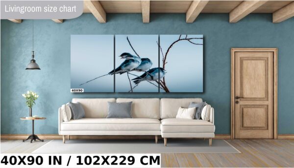 A large painting of two birds on a branch