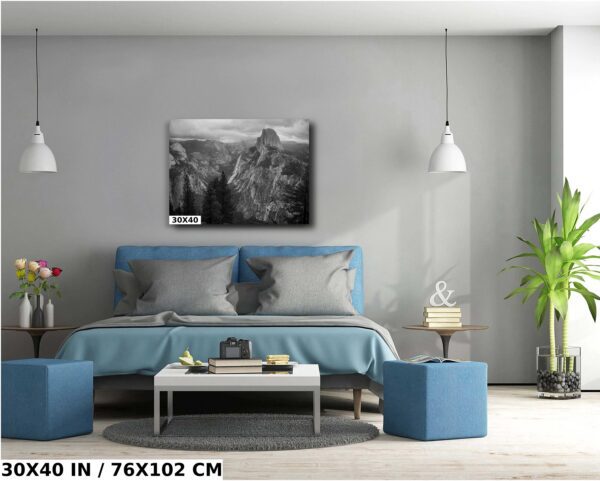 A bedroom with blue walls and a large painting of horses.