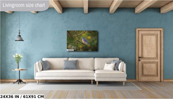 A living room with a couch and a painting on the wall