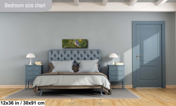 A bedroom with blue walls and a bed