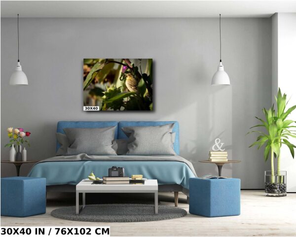 A bedroom with blue walls and a large painting of a bird.