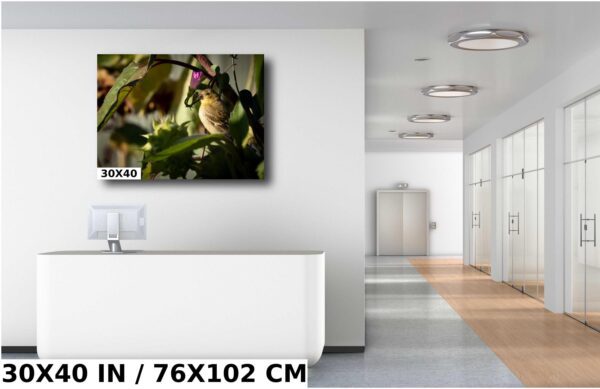 A large picture of some flowers in the room